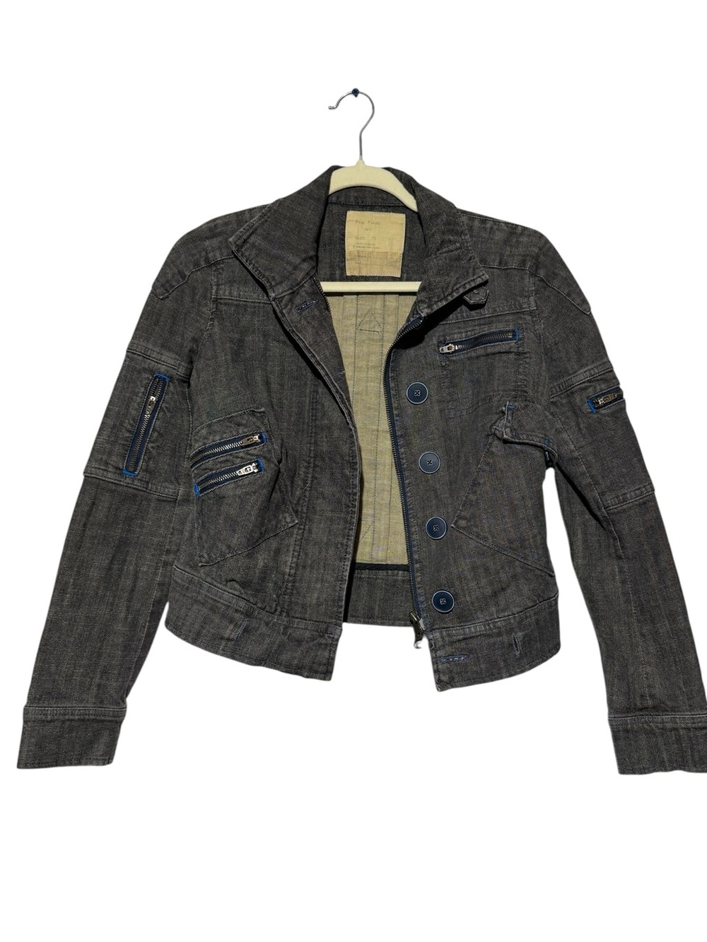 Free People Denim Jean Moto Jacket Size 0 Utility Cropped Cargo Pink Grunge